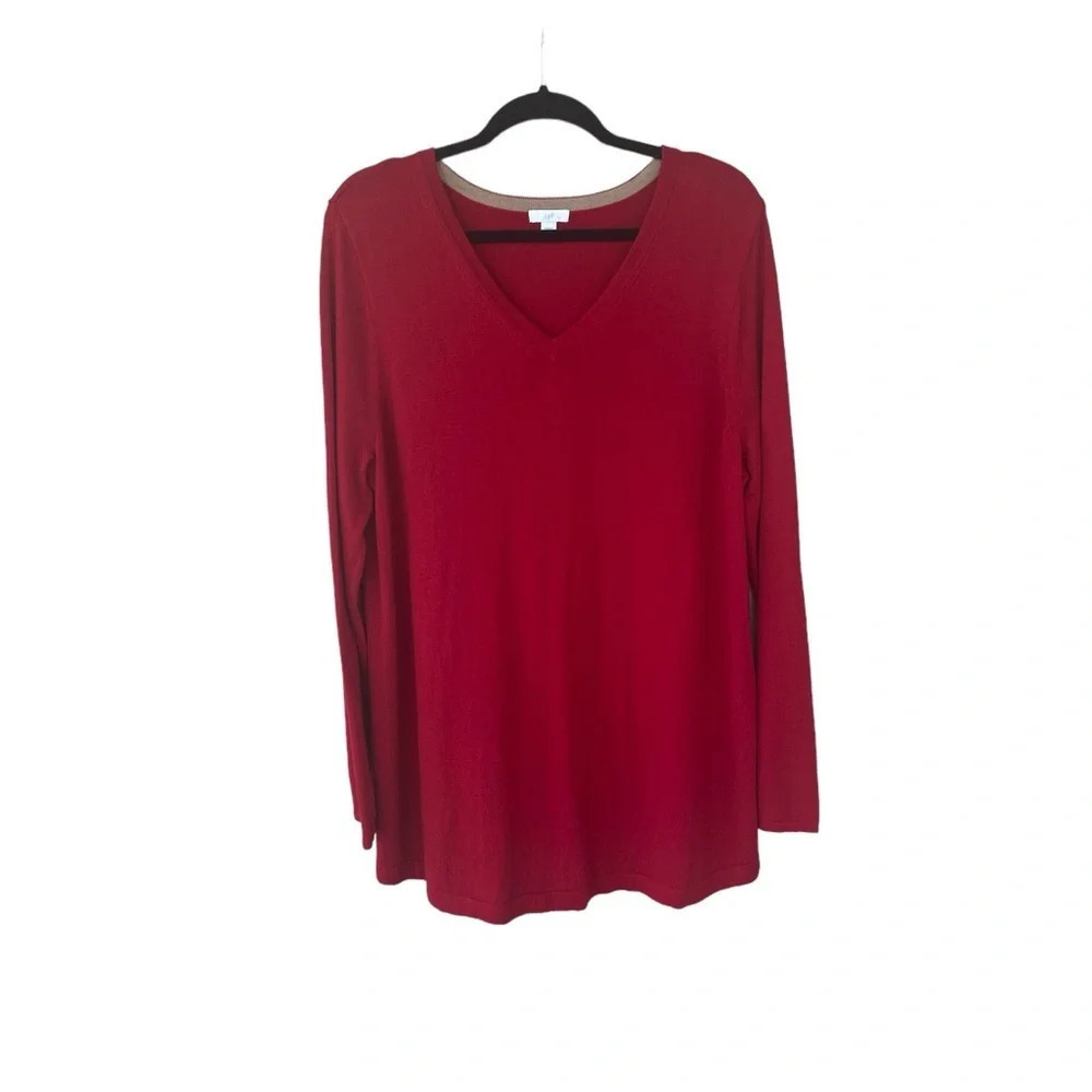 J.Jill Petite Sweater Top Size L Everyday Tunic Knit Long Sleeve V-neck Red